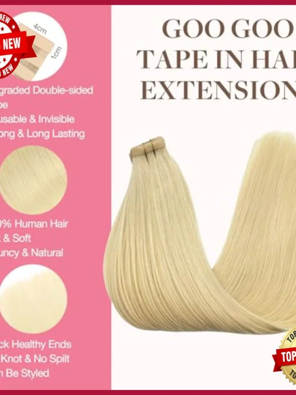 Premium Human Hair Tape-In Extensions, 22 Inch, 100g, 40 Pieces, Straight